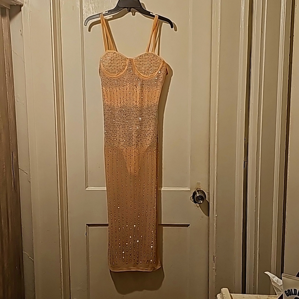 All Rhinestone double strap peach party dress